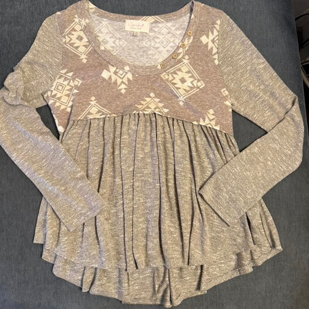 Sugarfox Women Aztec Print Babydoll Top Long‎ Sleeve Boho Knit Blouse Brown M